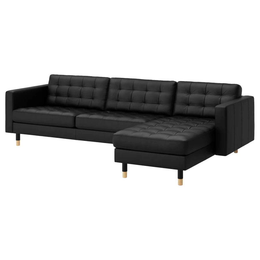 4-местный диван с шезлонгом - IKEA LANDSKRONA, 89x280см, черный, кожа, ЛАНДСКРУНА ИКЕА (изображение №1)