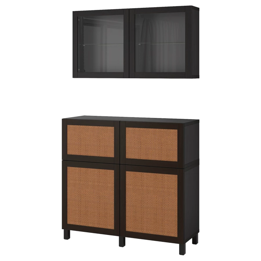 Комбинация для хранения - IKEA BESTÅ/BESTA, 120х42х213 см, черно-коричневый/плетеный тополь, БЕСТО ИКЕА (изображение №1)