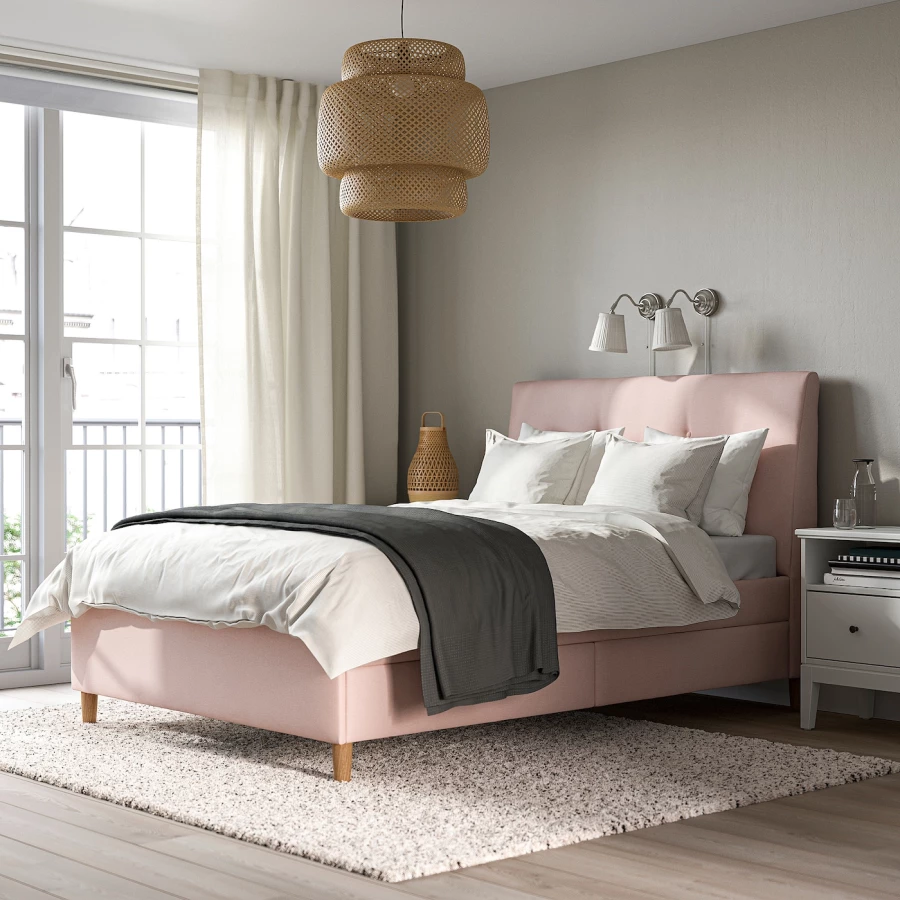 Кровать мягкая с ящиками - IKEA IDANÄS/IDANAS, 200х140 см, бледно розовая, ИДАНЭС ИКЕА (изображение №2)