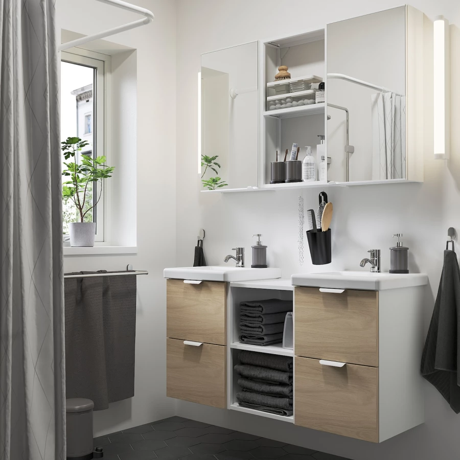 Комбинация для ванной - IKEA ENHET, 124х43х65 см, белый/имитация дуба, ЭНХЕТ ИКЕА (изображение №2)