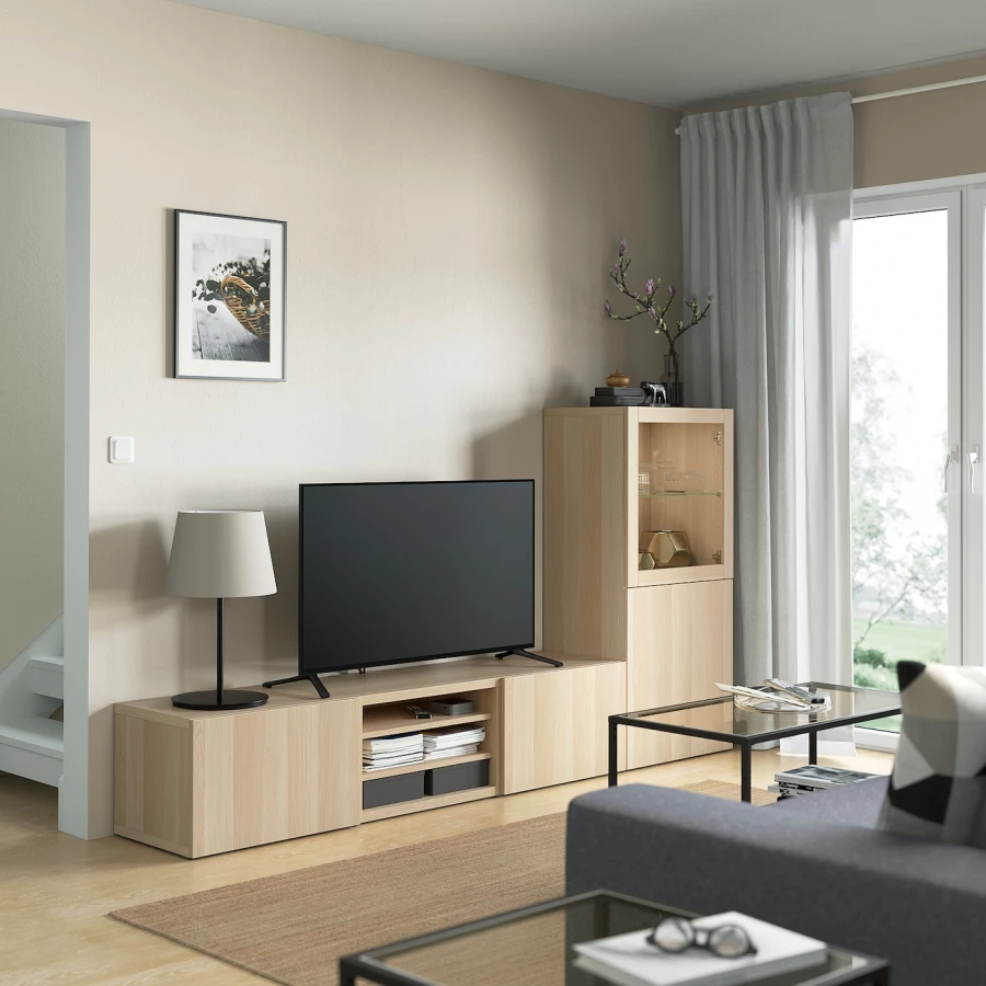 Комбинация для хранения ТВ - IKEA BESTÅ/BESTA, 129x42x240см, светло-коричневый, БЕСТО ИКЕА (изображение №3)