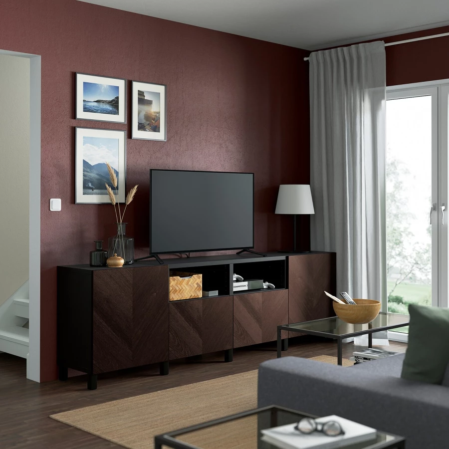 Тумба под ТВ с дверцами и ящиками - IKEA BESTÅ/BESTA/БЕСТО ИКЕА, 42х74х240 см, коричневый (изображение №3)