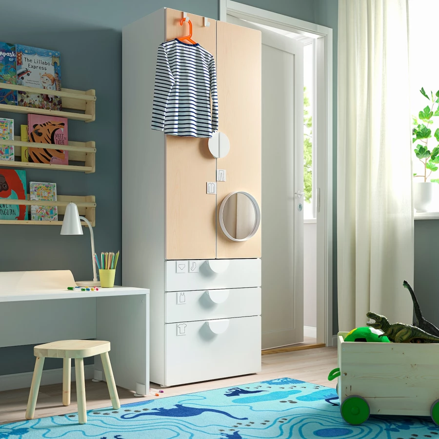 Шкаф детский - IKEA SMÅSTAD/SMASTAD, 60x42x181 см, белый/светло-коричневый, СМОСТАД ИКЕА (изображение №2)