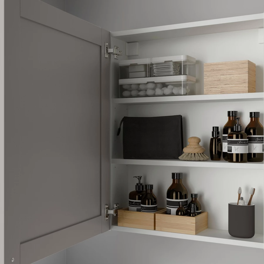 Настенный шкаф для ванной комнаты - ENHET IKEA/ ЭНХЕТ ИКЕА, 60x15x75 см, серый/белый (изображение №2)