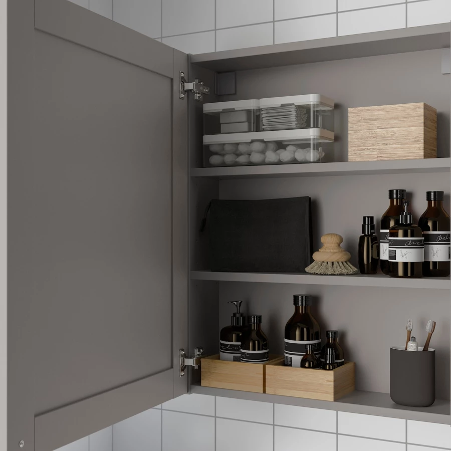 Настенный шкаф для ванной комнаты - ENHET IKEA/ ЭНХЕТ ИКЕА, 60x15x75 см, серый (изображение №2)