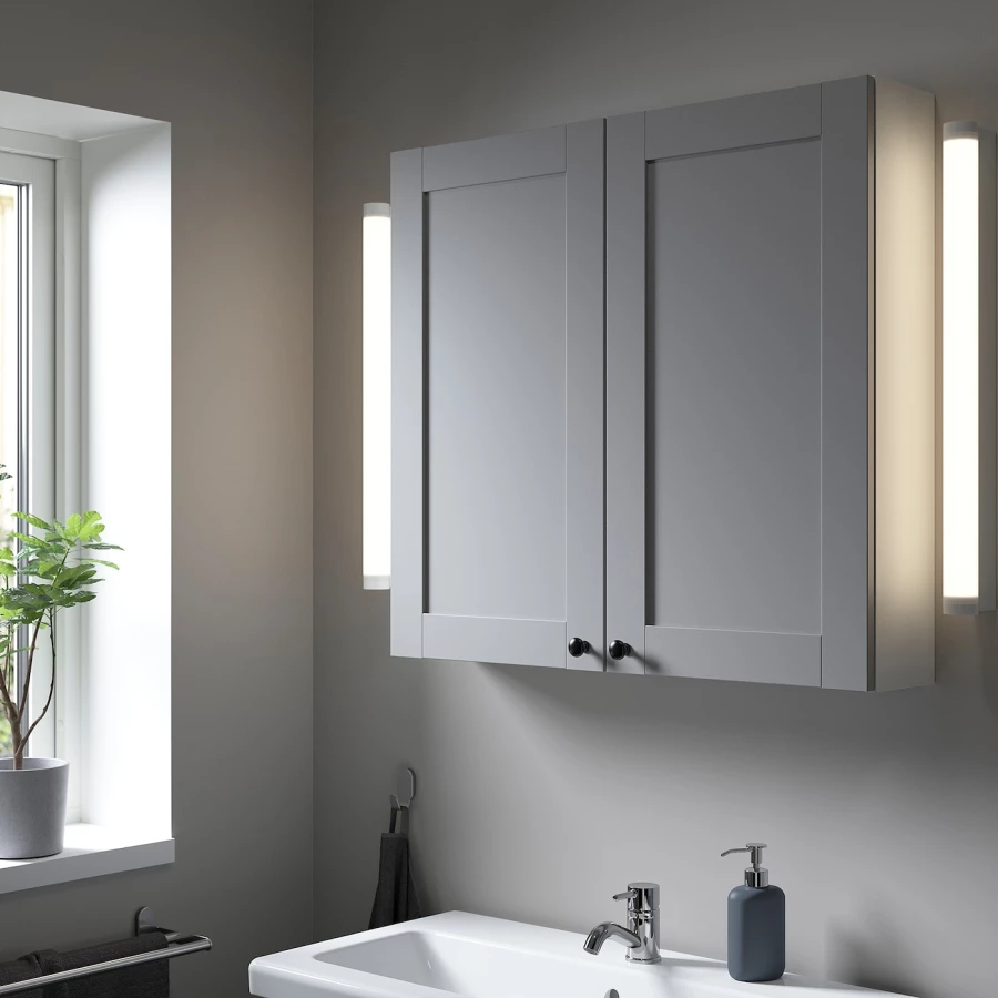 Настенный шкаф для ванной комнаты - ENHET IKEA/ ЭНХЕТ ИКЕА, 80х75х17 см, серый/белый (изображение №2)