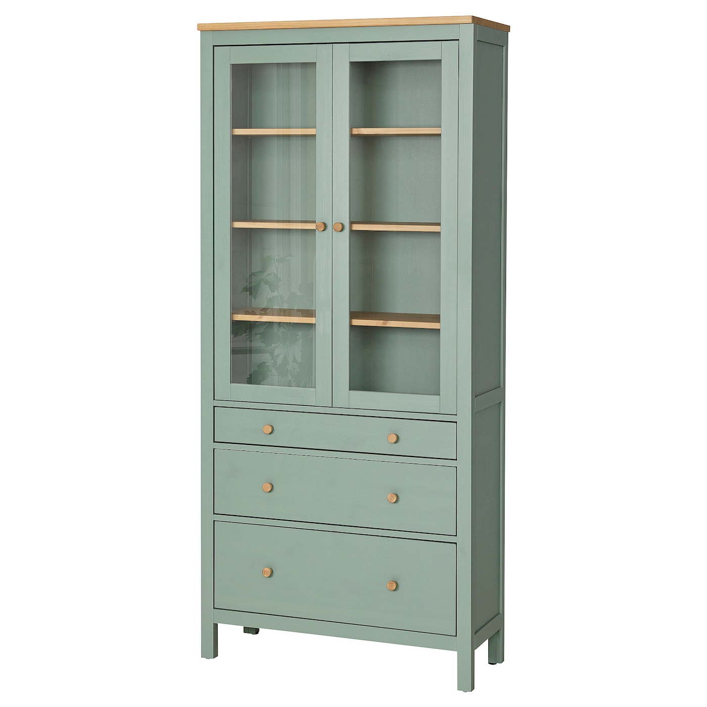 Шкаф со стеклянными дверцами - IKEA HEMNES/ХЕМНЭС ИКЕА, 90x197 см, серо-зеленая/светло-коричневая морилка