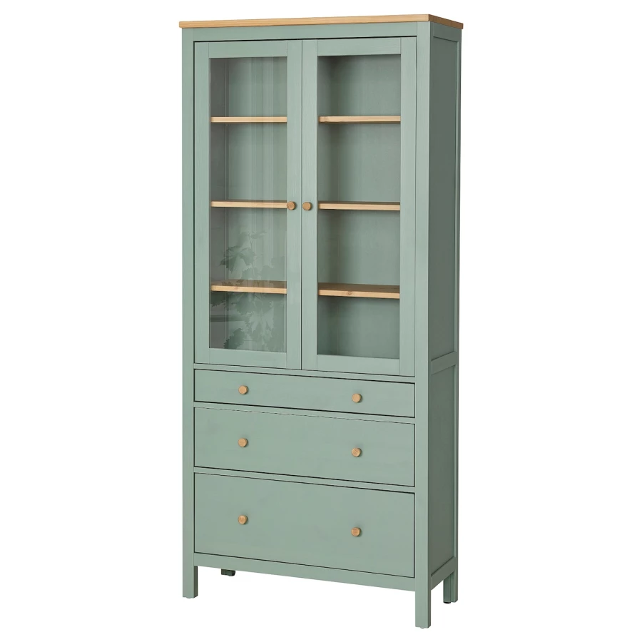 Шкаф со стеклянными дверцами - IKEA HEMNES/ХЕМНЭС ИКЕА, 90x197 см, серо-зеленая/светло-коричневая морилка (изображение №1)