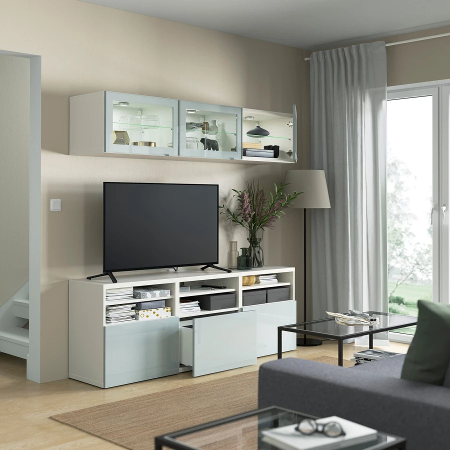Комбинация для хранения ТВ - IKEA BESTÅ/BESTA, 192x42x180см, белый/голубой, БЕСТО ИКЕА (изображение №2)