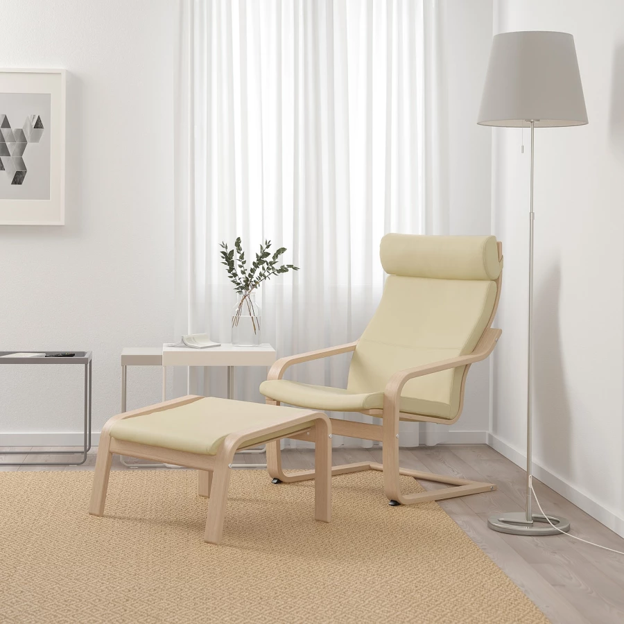 Кресло с подставкой для ног - IKEA POÄNG/POANG/ПОЭНГ ИКЕА, 100х82х68см, под беленый дуб/глосе кремовый/молочный (изображение №4)
