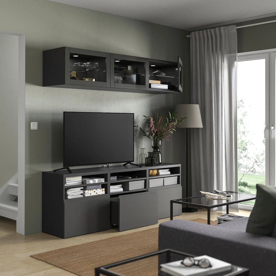 Комбинация для хранения ТВ - IKEA BESTÅ/BESTA, 192x42x180см, серый, БЕСТО ИКЕА (изображение №2)