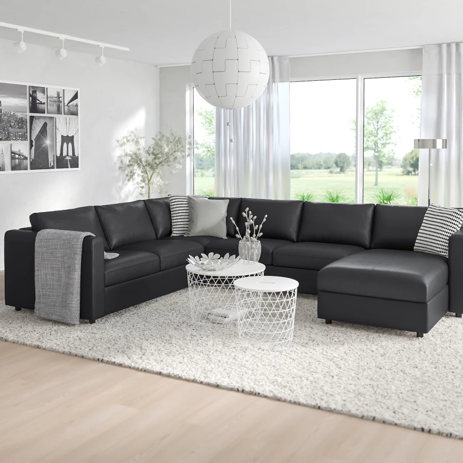 5-местный угловой диван с шезлонгом - IKEA VIMLE/GRANN/BOMSTAD, черный, кожа, 330/249х164/98х83 см, ВИМЛЕ/ГРАНН/БУМСТАД ИКЕА (изображение №2)