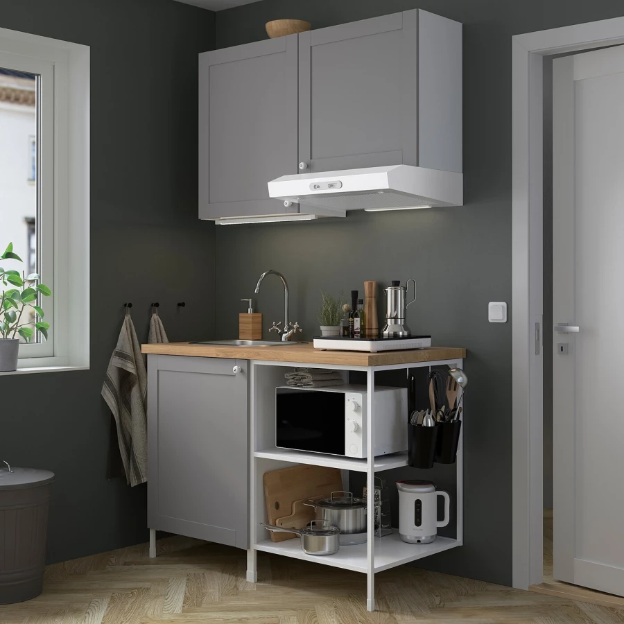 Комбинация для кухонного хранения  - ENHET  IKEA/ ЭНХЕТ ИКЕА, 123x63,5x222 см, белый/серый/бежевый (изображение №2)