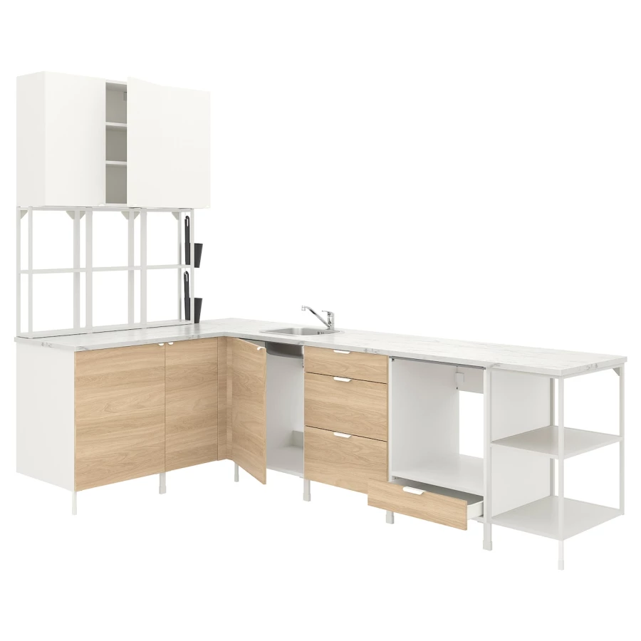 Угловая кухонная комбинация для хранения - ENHET  IKEA/ ЭНХЕТ ИКЕА, 168,5х290,5х75 см, белый/бежевый (изображение №1)