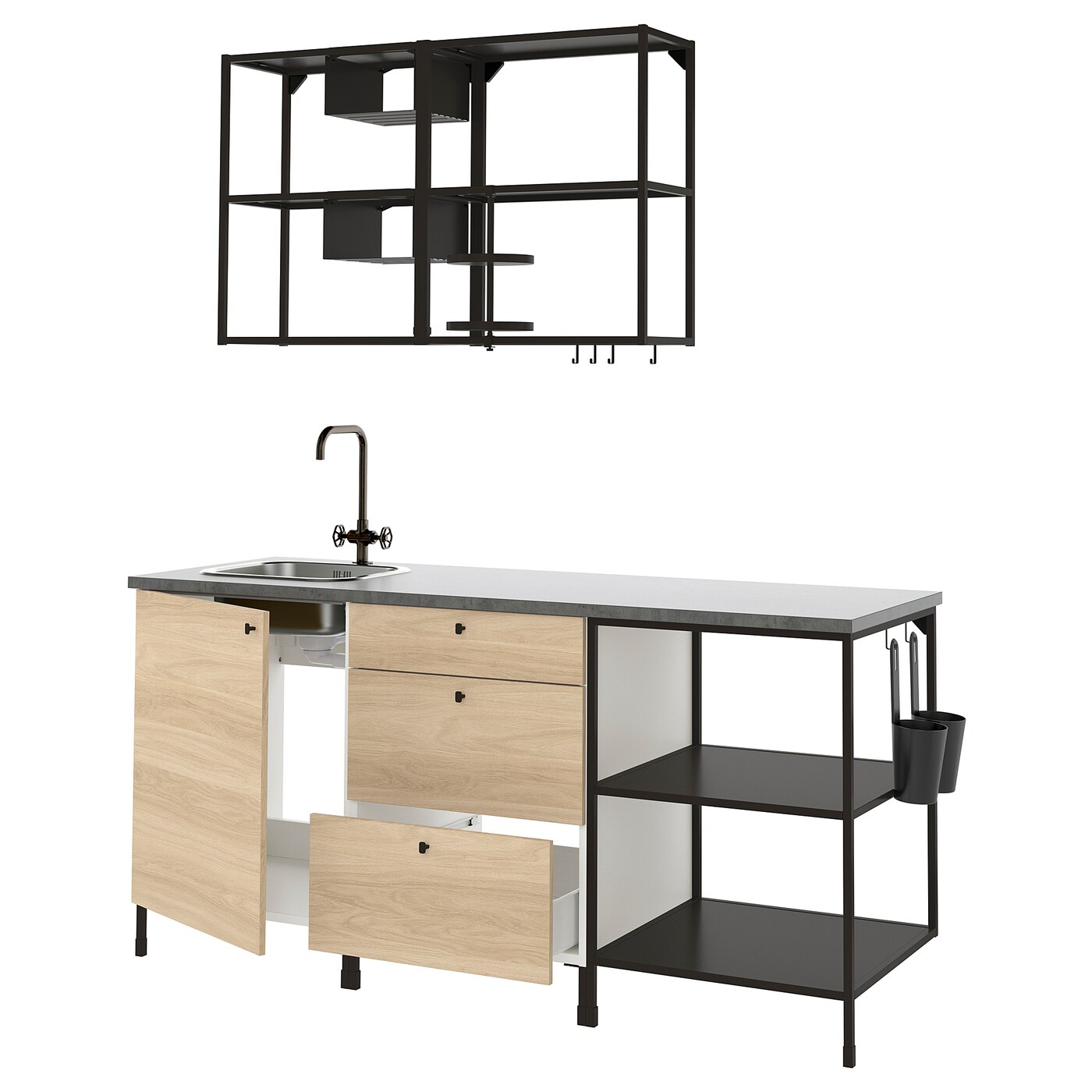Комбинация для кухонного хранения  - ENHET  IKEA/ ЭНХЕТ ИКЕА, 183x63,5x222 см, белый/бежевый/черный