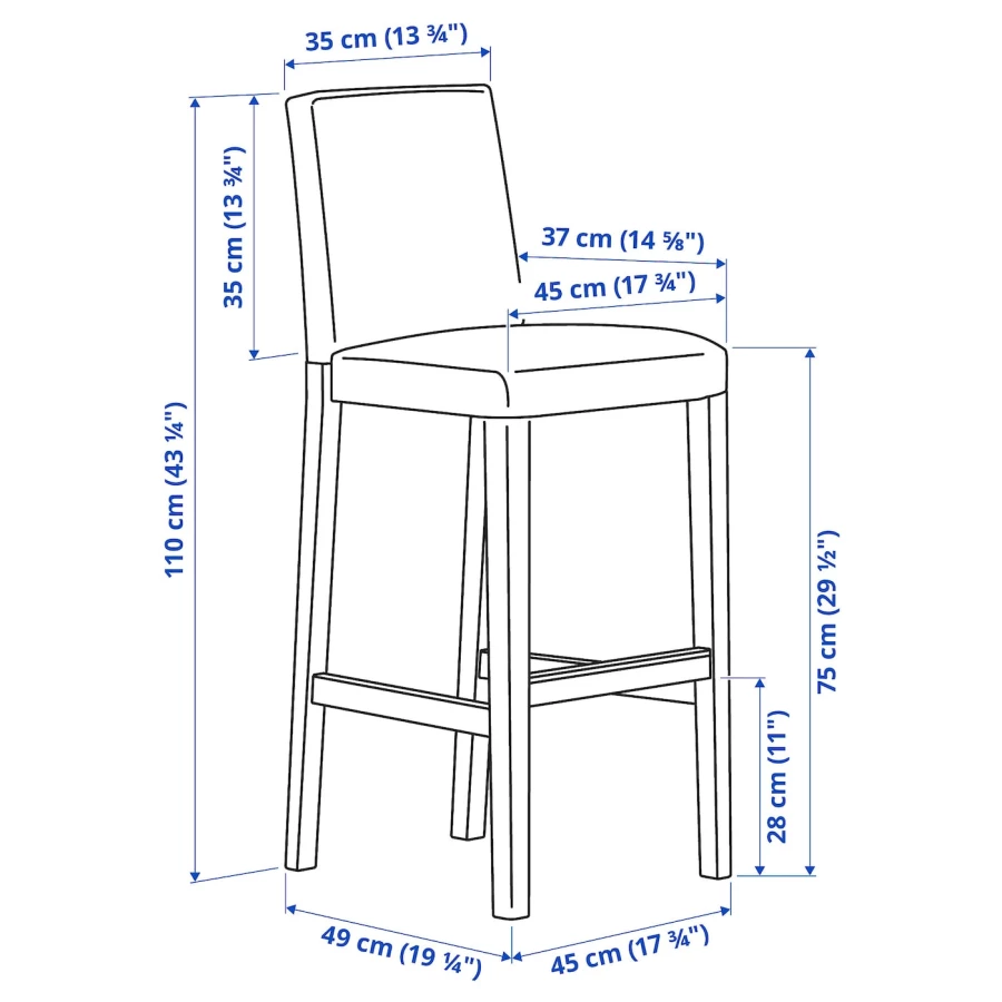 Барный стул со спинкой - BERGMUND IKEA/БЕРГМУНД ИКЕА, 110х45х49 см, белый с рисунком (изображение №7)