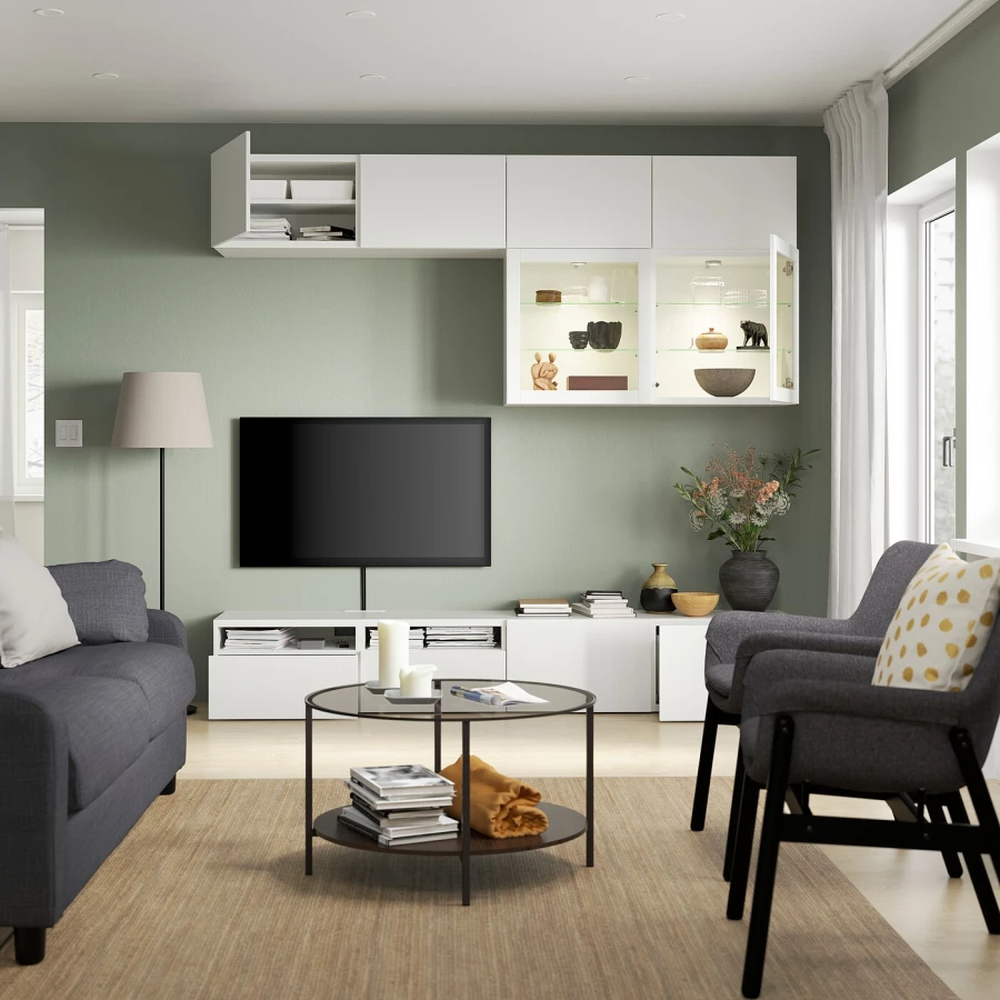 Комбинация для хранения ТВ - IKEA BESTÅ/BESTA, 231x42x240см, белый/светло-коричневый, БЕСТО ИКЕА (изображение №2)