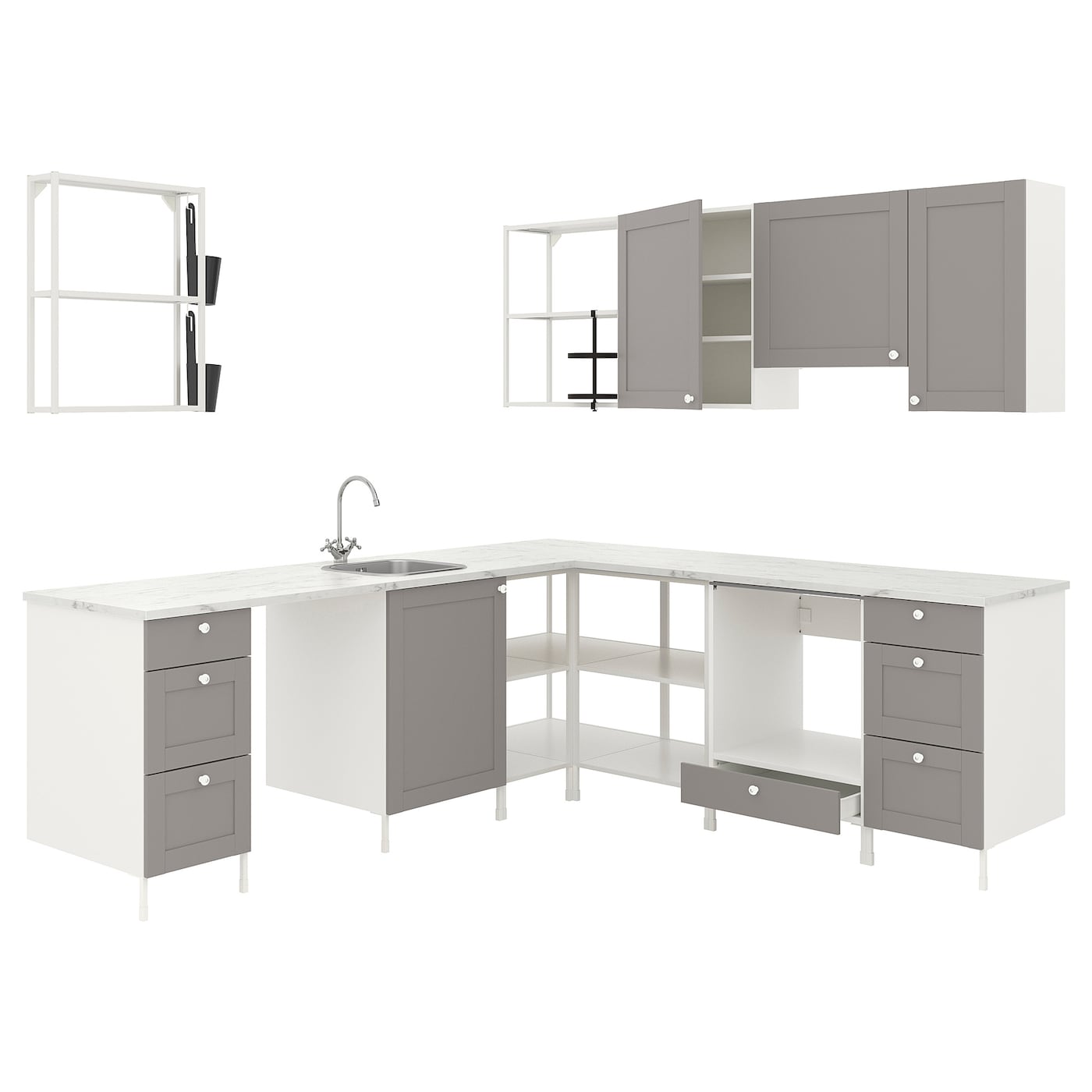 Угловая кухонная комбинация для хранения - ENHET  IKEA/ ЭНХЕТ ИКЕА, 261.5х221,5х75 см, белый/серый