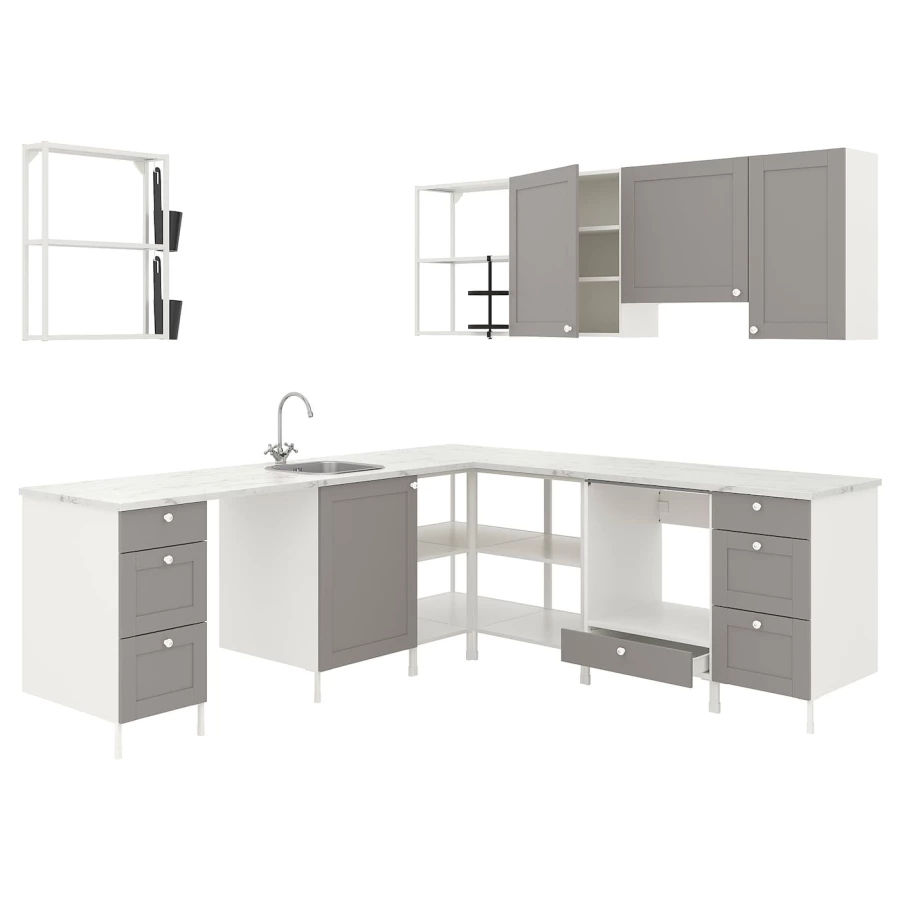 Угловая кухонная комбинация для хранения - ENHET  IKEA/ ЭНХЕТ ИКЕА, 261.5х221,5х75 см, белый/серый (изображение №1)