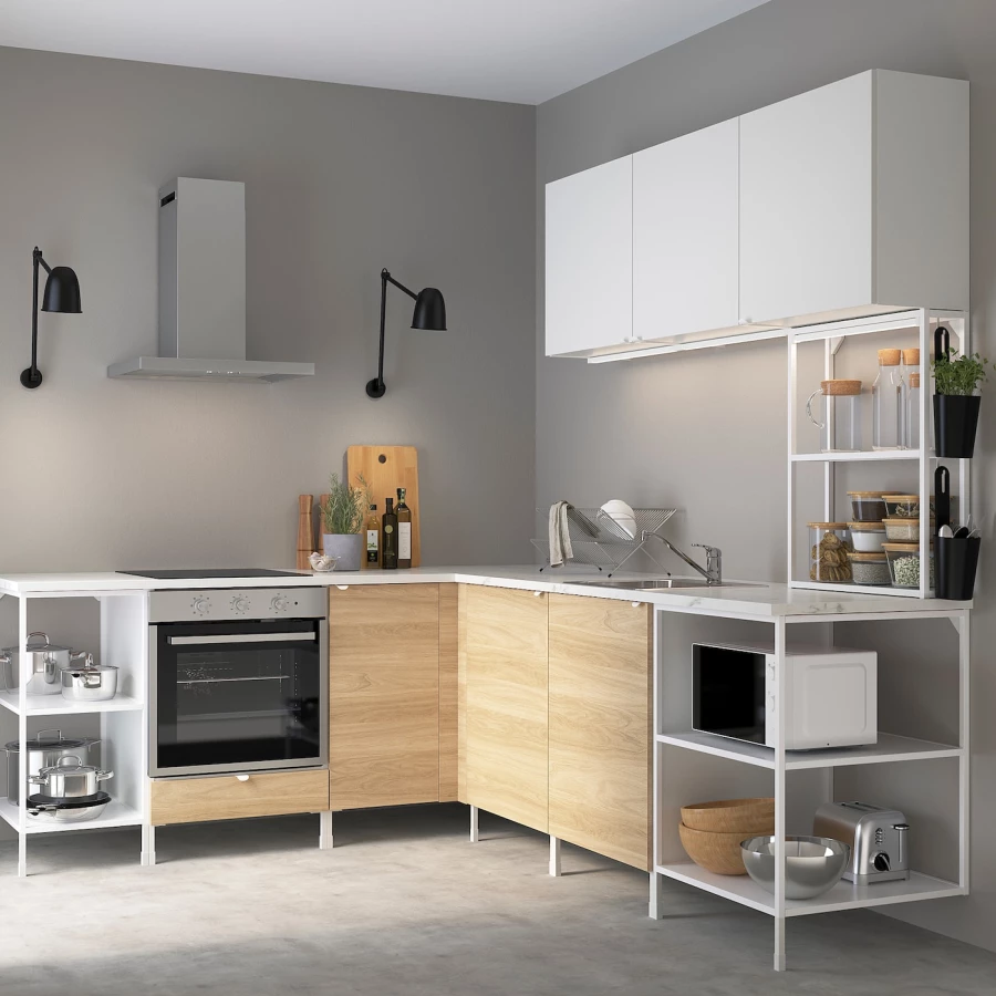 Угловой кухонный гарнитур - IKEA ENHET, 210.5х248.5х75 см, белый/имитация дуба, ЭНХЕТ ИКЕА (изображение №2)