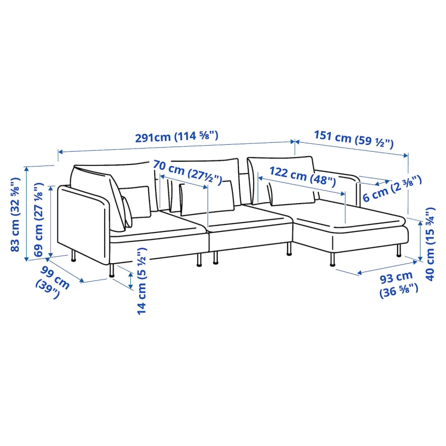 3-местный диван и козетка - IKEA SÖDERHAMN/SODERHAMN, 99x291см, серый/светло-серый, СЕДЕРХАМН ИКЕА (изображение №9)