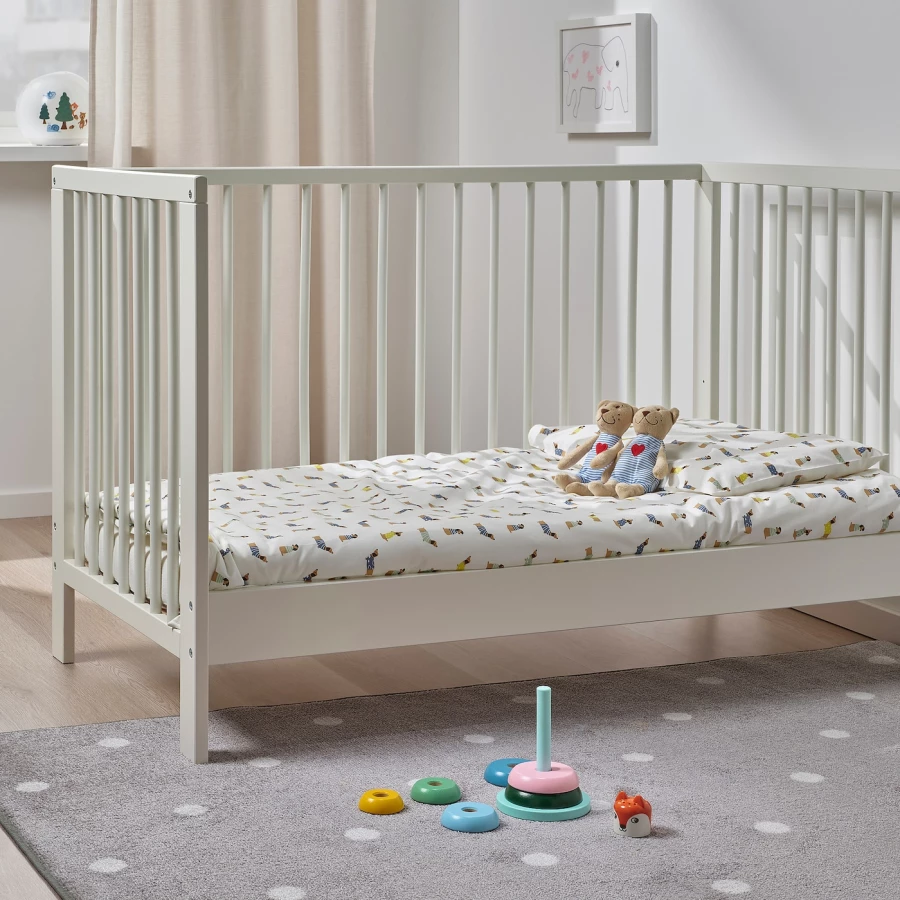 Пододеяльник и наволочка для детской кроватки - DRÖMSLOTT / DRОMSLOTT  IKEA/  ДРЁМСЛОТТ  ИКЕА, 110x125/35x55 см, белый (изображение №6)