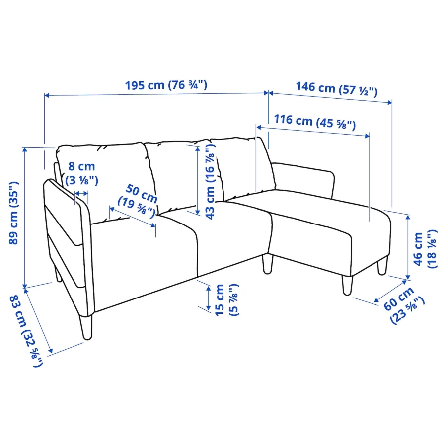 3-местный диван с шезлонгом, IKEA ANGERSBY,  84x196см, светло-серый, АНГЕРСБИ ИКЕА (изображение №7)