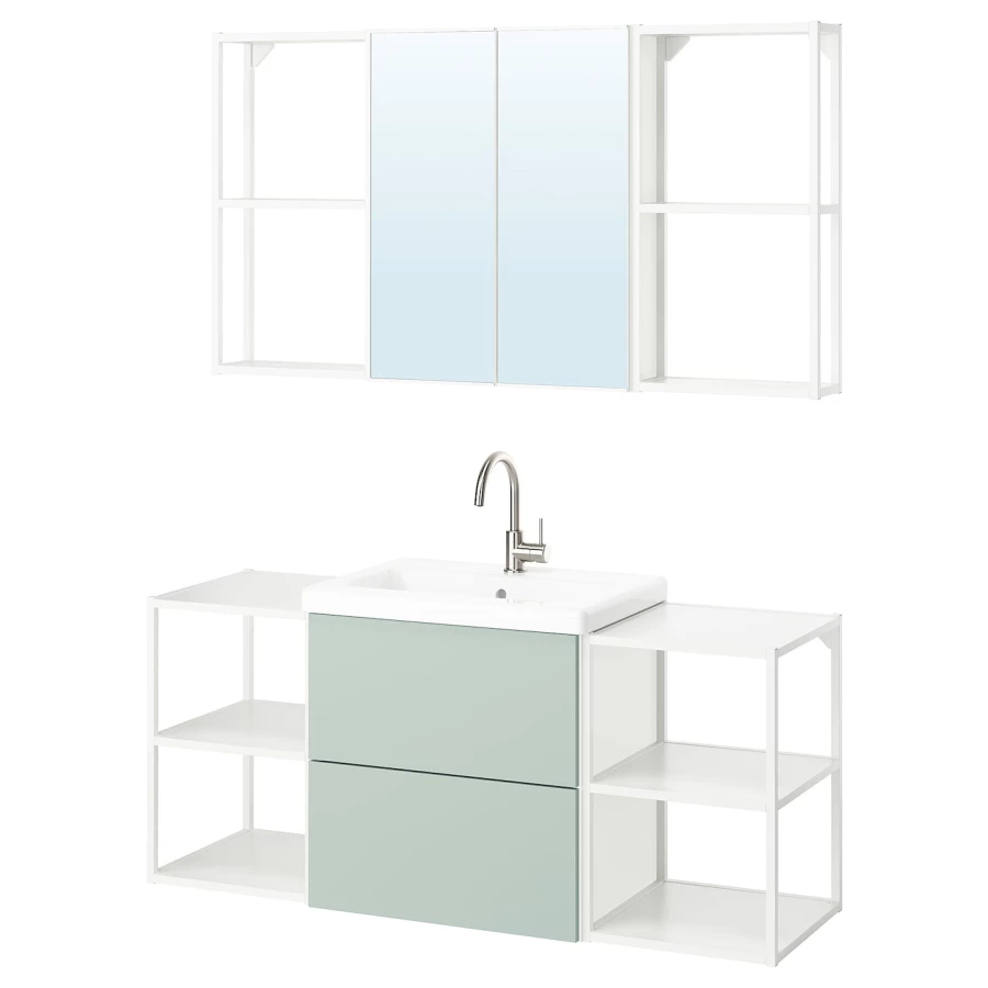 Комбинация для ванной - IKEA ENHET, 140х43х65 см, белый/серо-зеленый, ЭНХЕТ ИКЕА (изображение №1)