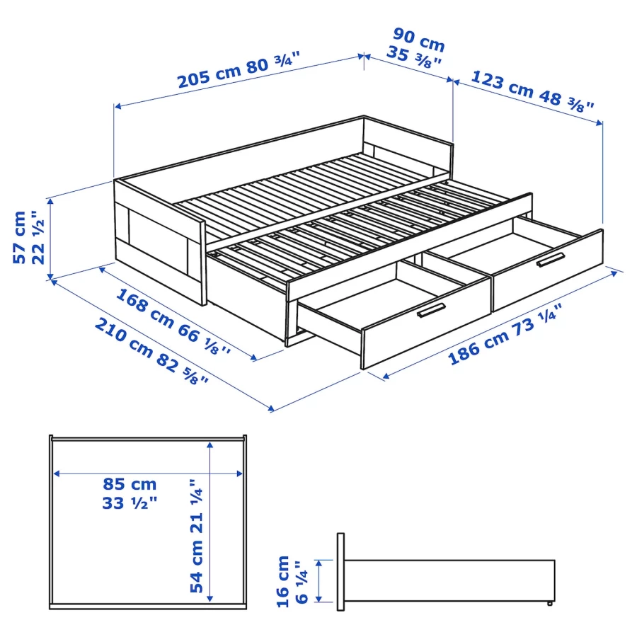 Кушетка с 2 ящиками - IKEA BRIMNES/БРИМНЕС ИКЕА, 57х205х86 см, белый (изображение №9)