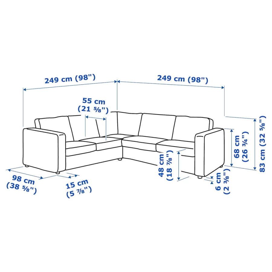 Диван угловой 4-местный - IKEA VIMLE, 249/249х98х83 см, серый, ВИМЛЕ ИКЕА (изображение №8)