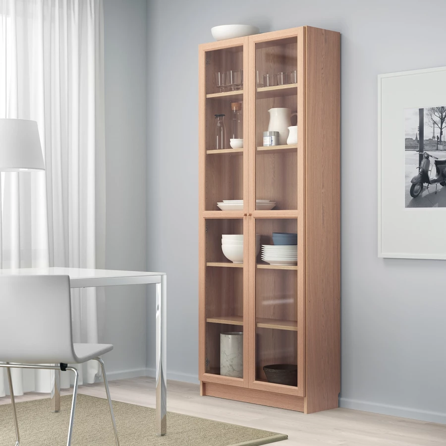 Книжный шкаф со стеклянной дверцей - BILLY/OXBERG IKEA/ БИЛЛИ/ОКСБЕРГ ИКЕА, 30х80х202 см, светло-коричневый (изображение №3)
