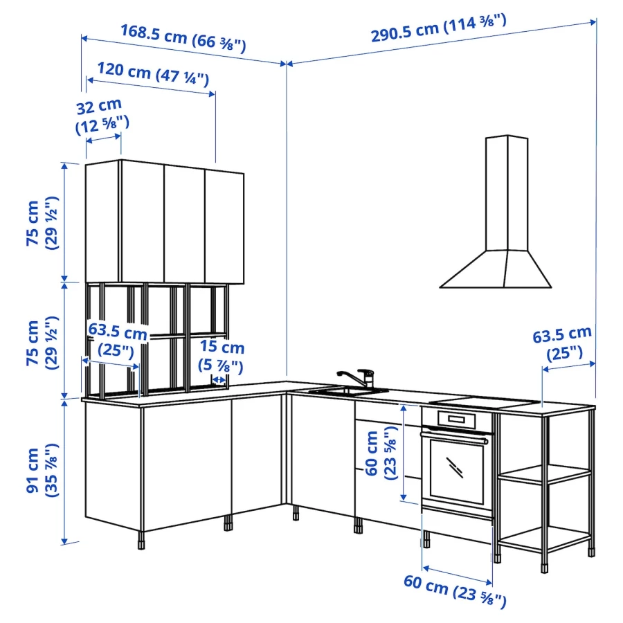 Угловая кухонная комбинация для хранения - ENHET  IKEA/ ЭНХЕТ ИКЕА, 168,5х290,5х75 см, белый/бежевый (изображение №3)