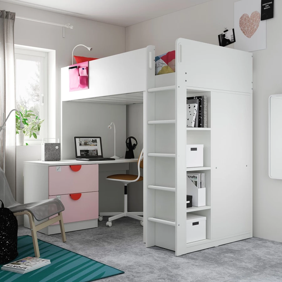 Кровать двухъярусная - IKEA SMÅSTAD/SMASTAD/СМОСТАД ИКЕА, 90x200 см, белый/розовый (изображение №2)