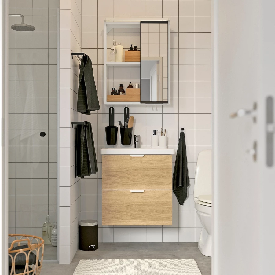 Комбинация для ванной - IKEA ENHET, 64х43х65 см, белый/имитация дуба, ЭНХЕТ ИКЕА (изображение №2)