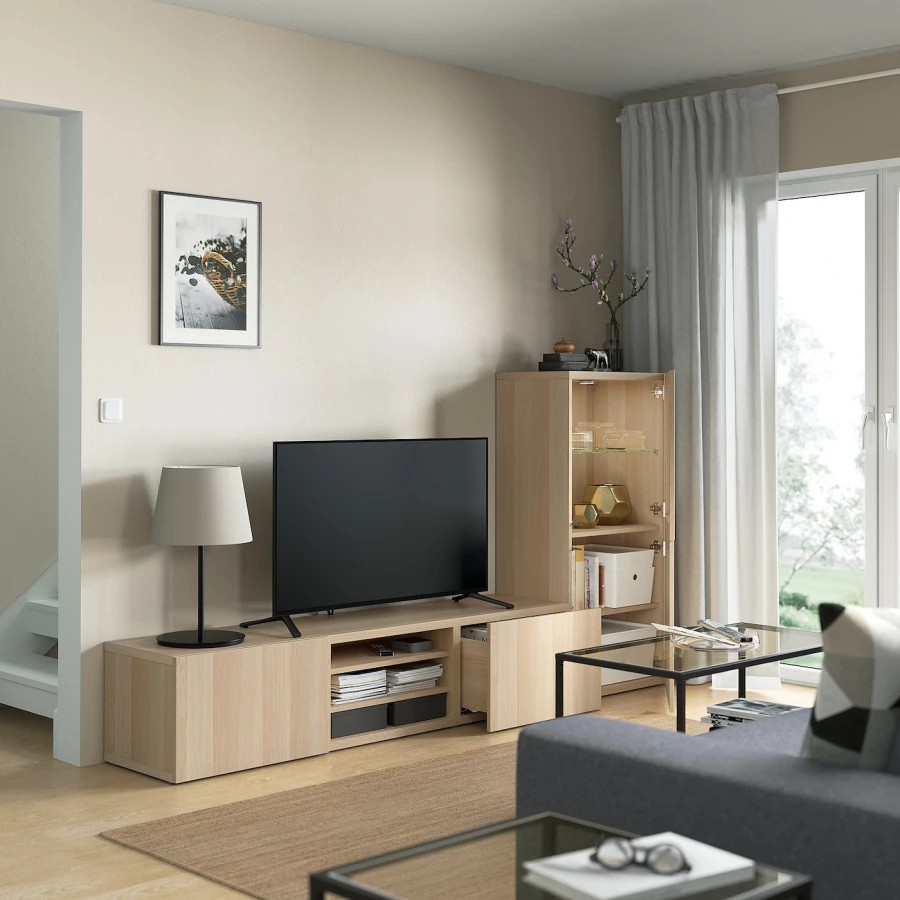 Комбинация для хранения ТВ - IKEA BESTÅ/BESTA, 129x42x240см, светло-коричневый, БЕСТО ИКЕА (изображение №2)