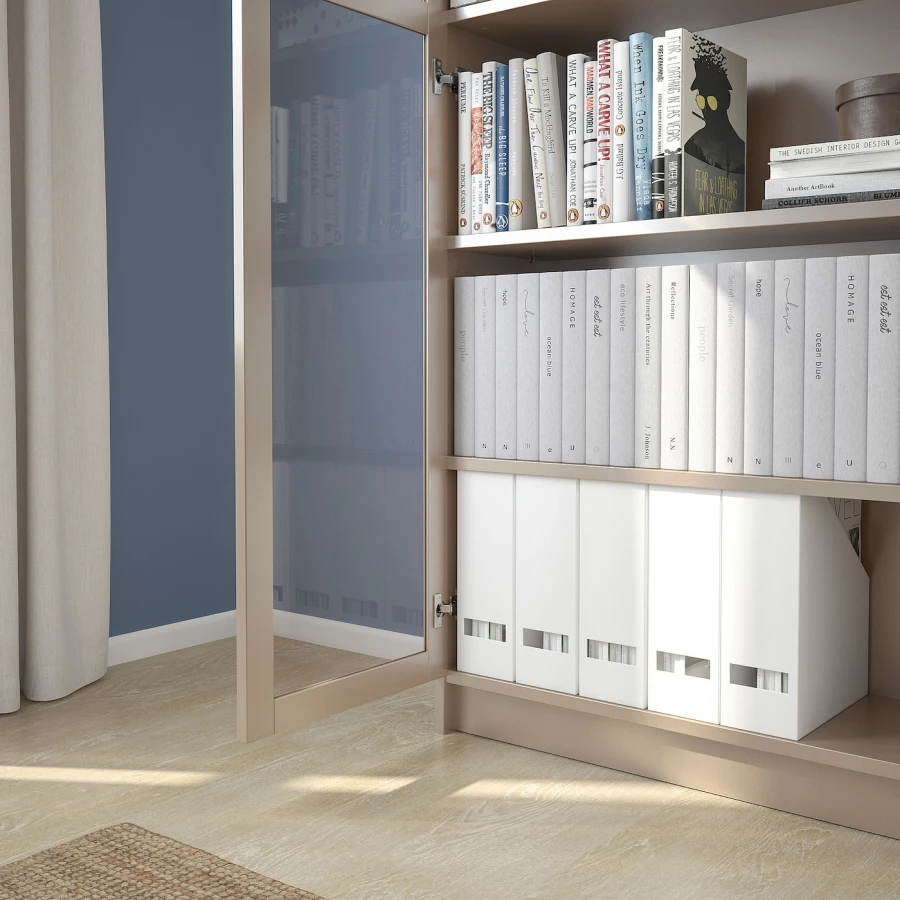 Книжный шкаф со стеклянной дверцей - BILLY IKEA/БИЛЛИ ИКЕА, 30х80х202 см, бежевый (изображение №7)