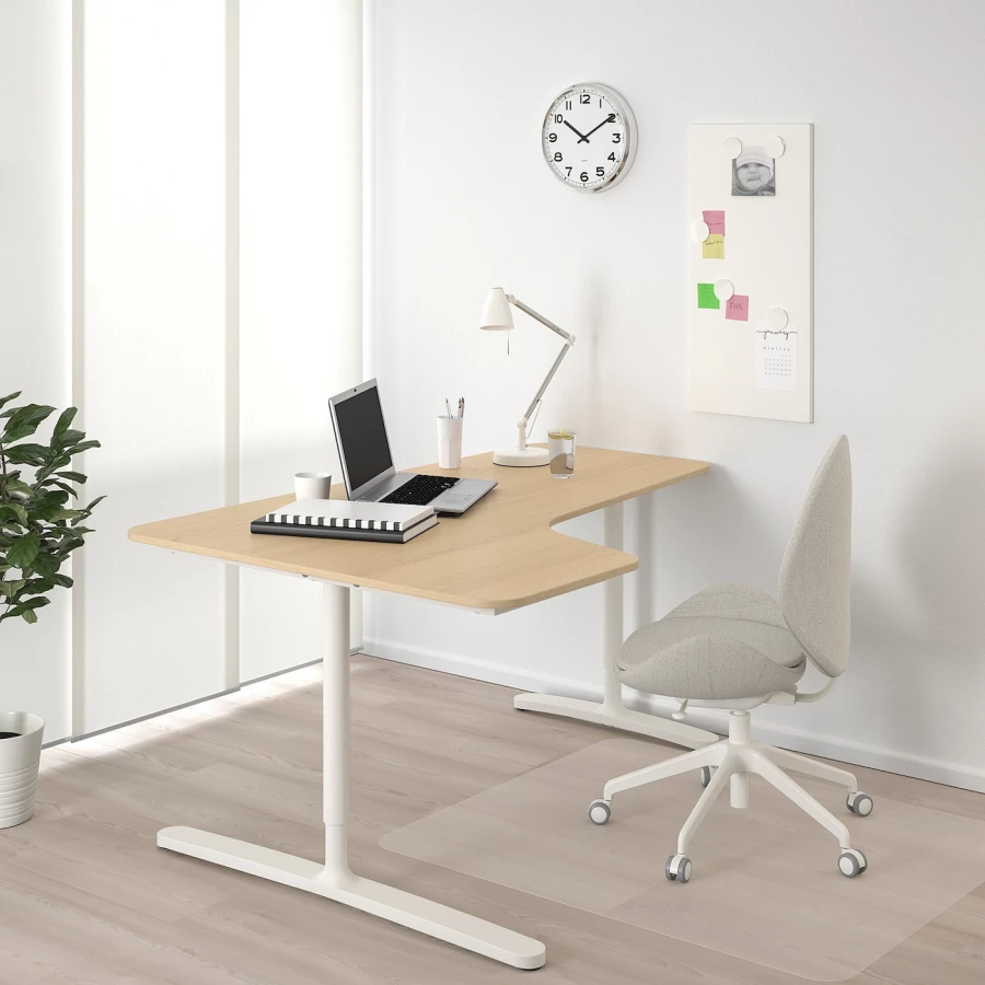 Письменный стол угловой левый - IKEA BEKANT, 160х110х65-85 см, под беленый дуб/белый, БЕКАНТ ИКЕА (изображение №2)