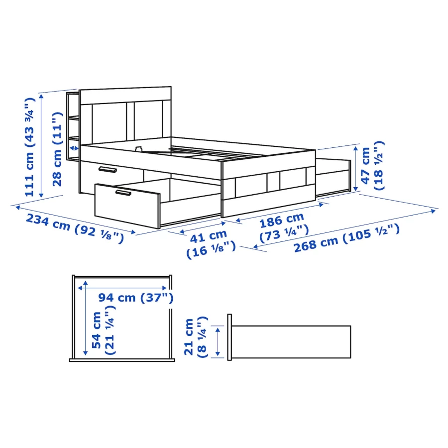 Каркас кровати с ящиком для хранения - IKEA BRIMNES, 200х180 см, белый, БРИМНЕС ИКЕА (изображение №8)