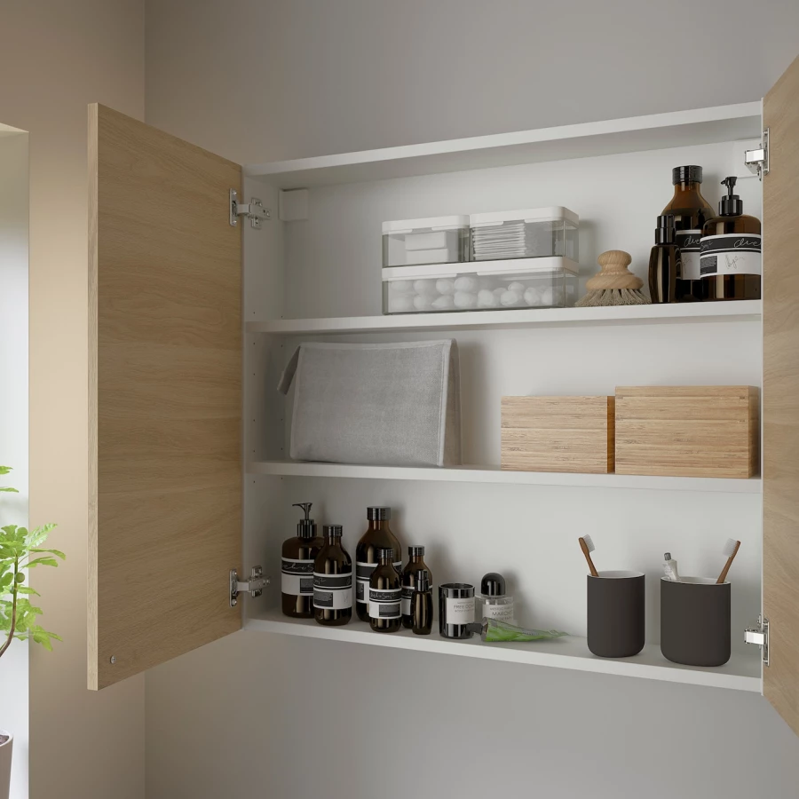Настенный шкаф для ванной комнаты - ENHET IKEA/ ЭНХЕТ ИКЕА, 80х75х17 см, коричневый/белый (изображение №3)