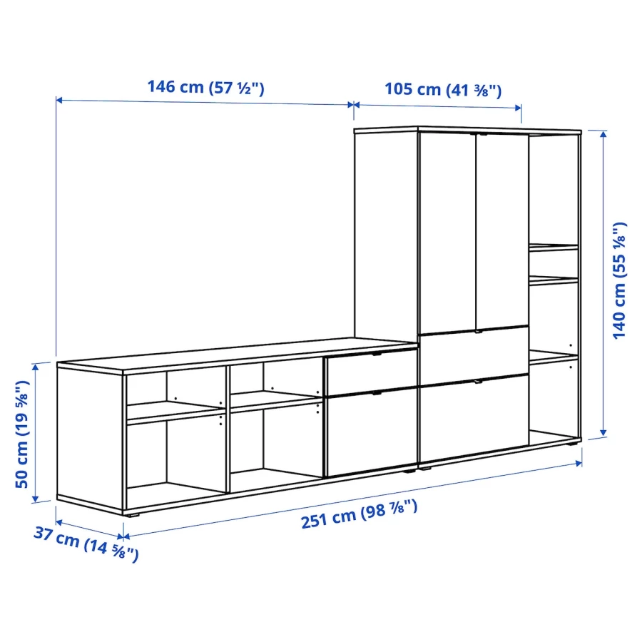 Шкаф для ТВ - IKEA VIHALS, 140x37x251cм, белый, ВИХАЛС ИКЕА (изображение №4)