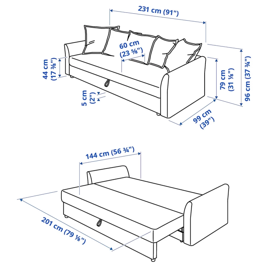 3-местный диван-кровать - IKEA HOLMSUND, 99x231см, голубой, ХОЛЬМСУНД ИКЕА (изображение №14)