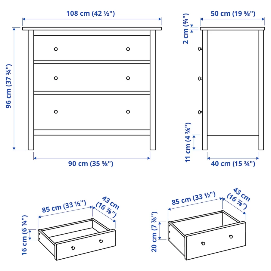 Hemnes ХЕМНЭС комод с 3 ящиками, белая морилка108x96 см