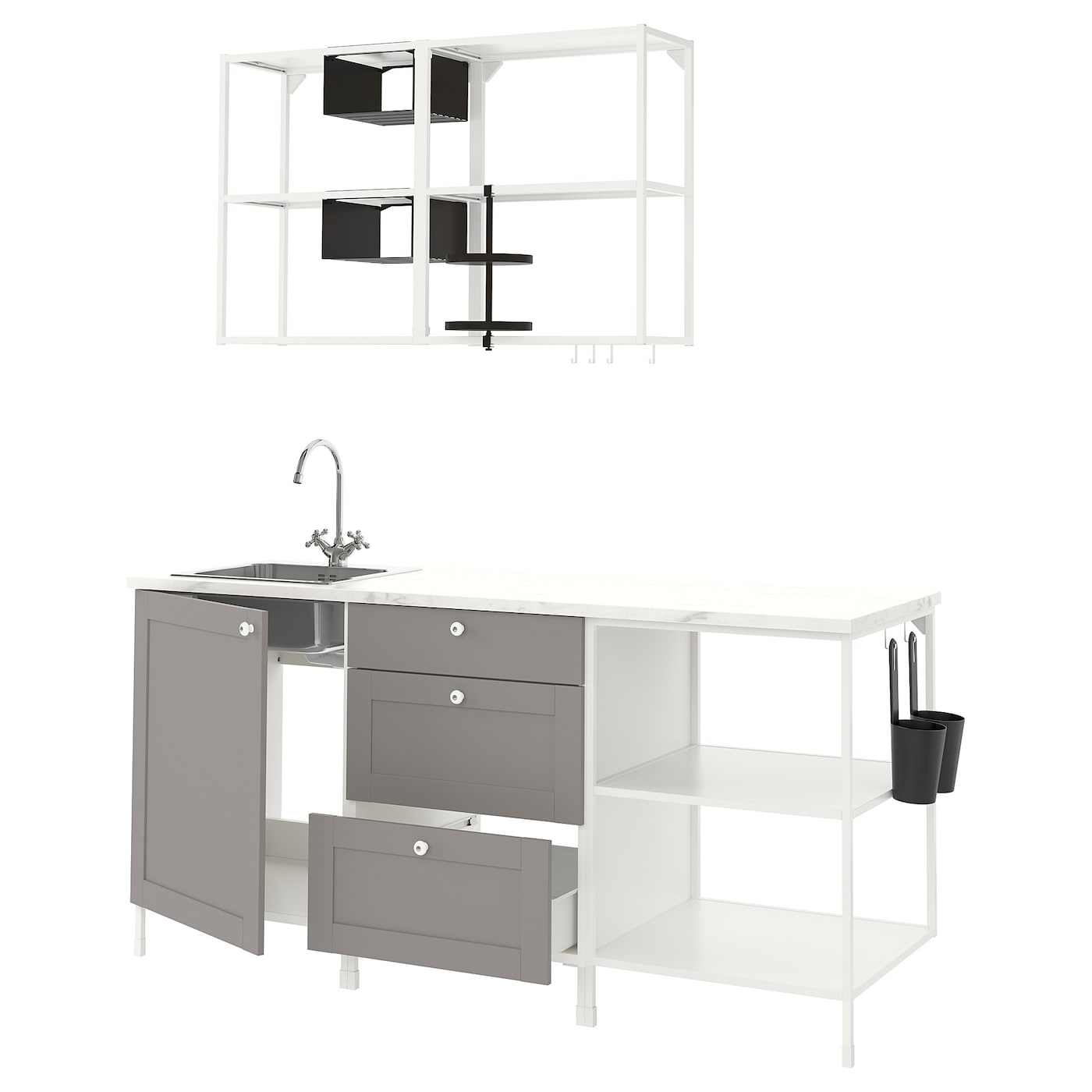 Комбинация для кухонного хранения  - ENHET  IKEA/ ЭНХЕТ ИКЕА, 183x63,5x222 см, белый/серый