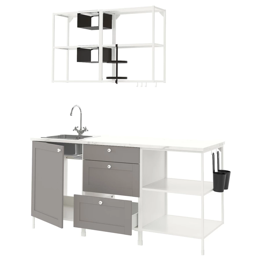 Комбинация для кухонного хранения  - ENHET  IKEA/ ЭНХЕТ ИКЕА, 183x63,5x222 см, белый/серый (изображение №1)