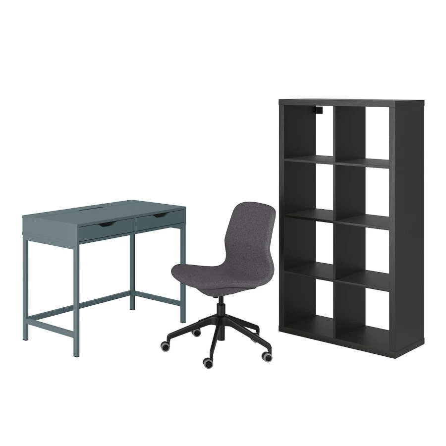 Комбинация: стол, кресло и шкаф - IKEA ALEX/LÅNGFJÄLL/LANGFJALL, 100х48 см, 147х77х39 см серый/черный, АЛЕКС/ЛОНГФЬЕЛЛЬ ИКЕА (изображение №1)