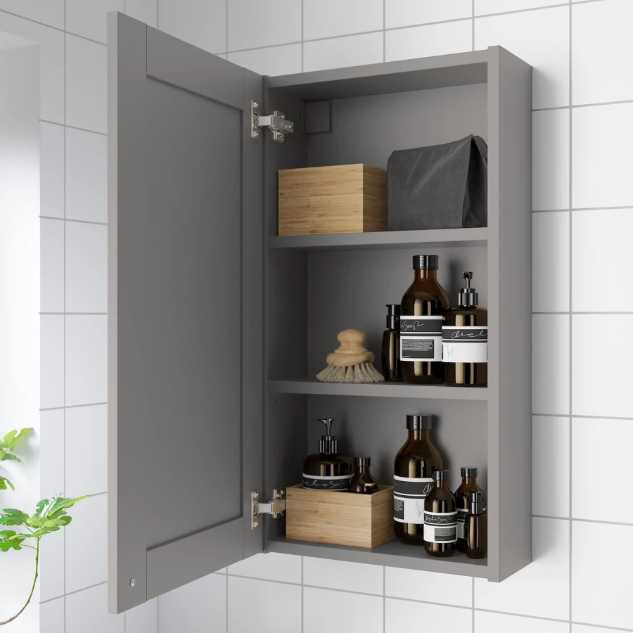 Настенный шкаф для ванной комнаты - ENHET IKEA/ ЭНХЕТ ИКЕА, 40x15x75 см, серый (изображение №2)