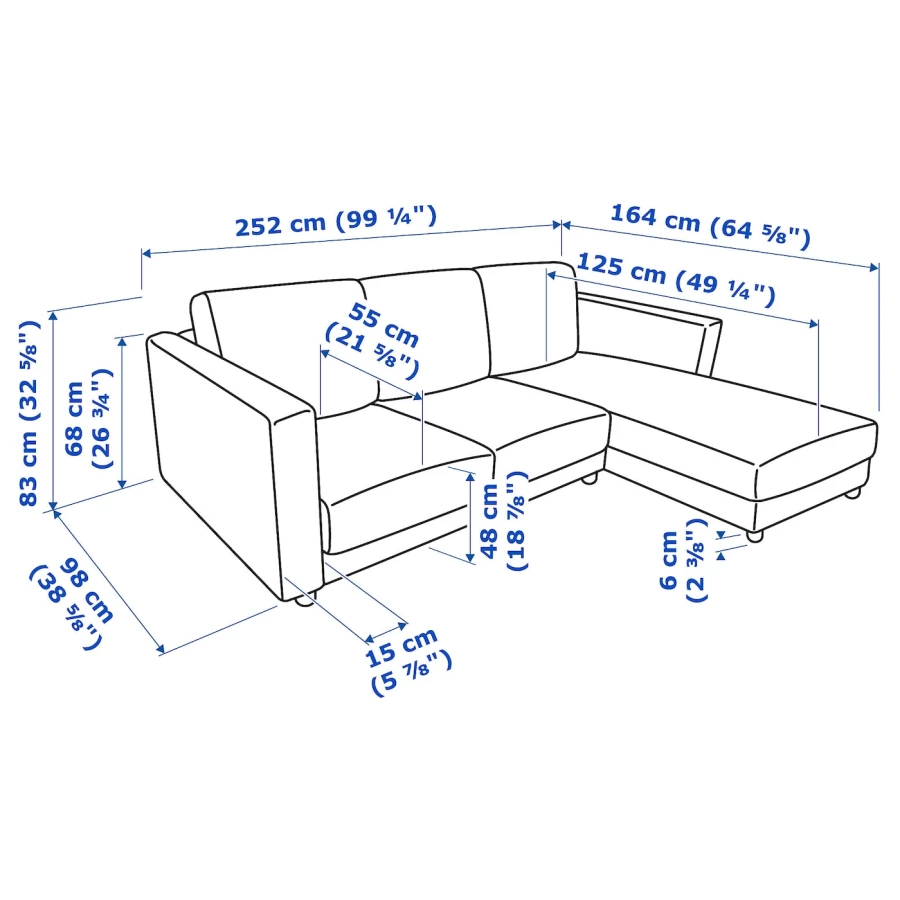 Диван угловой 2-местный - IKEA VIMLE, 252х98/164х83 см, черый, ВИМЛЕ ИКЕА (изображение №8)