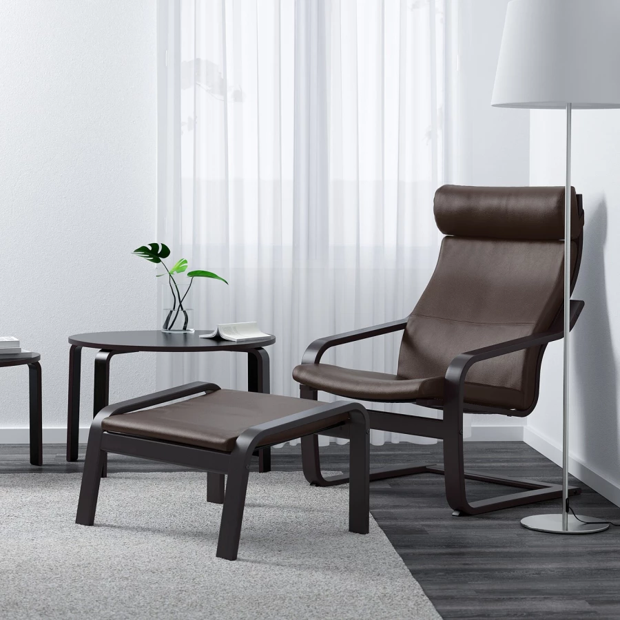 Кресло с подставкой для ног - IKEA POÄNG/POANG/ИКЕА ПОЭНГ , 100х82х68см, черно-коричневый/глос темно-коричневый (изображение №4)