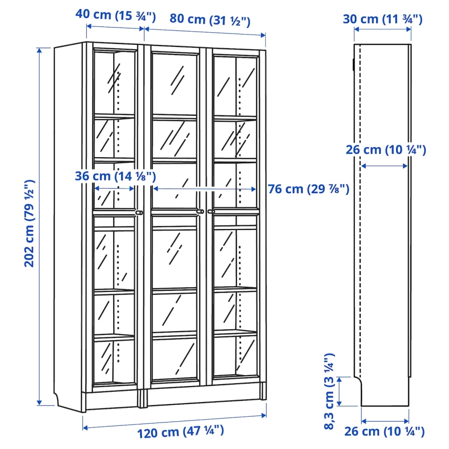 Книжный шкаф со стеклянной дверцей - BILLY/OXBERG IKEA/ БИЛЛИ/ОКСБЕРГ ИКЕА, 30х120х202 см, белый (изображение №6)