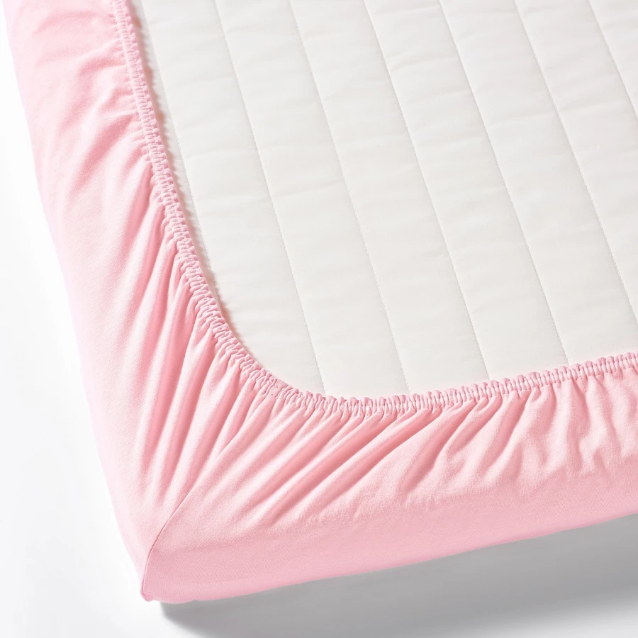 Простыня на резинке  - LEN  IKEA/ ЛЕН ИКЕА, 120х60   см, белый/розовый (изображение №2)